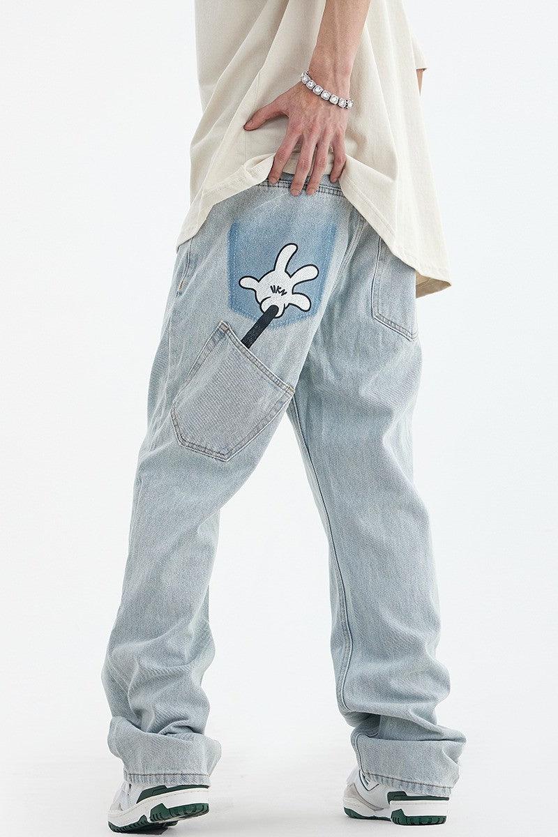 Falling Down Printed Loose Jeans - Keystreetwear