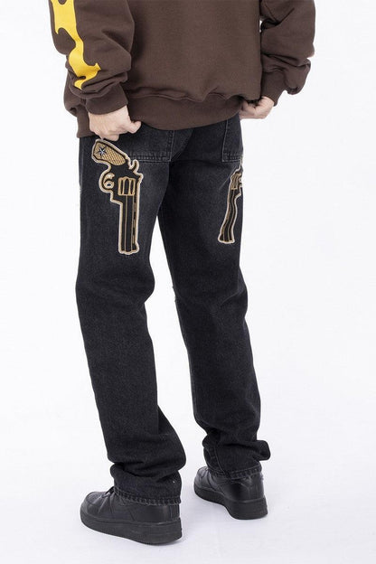 Guns Embroidered Washed Jeans - Keystreetwear