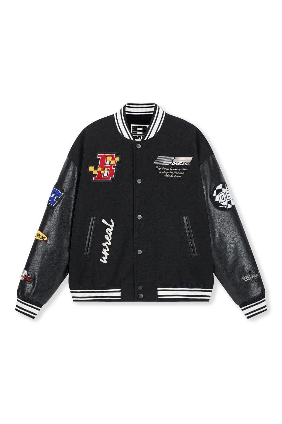 BONELESS Embroidered Racing Faux Leather Varsity Jacket - Keystreetwear