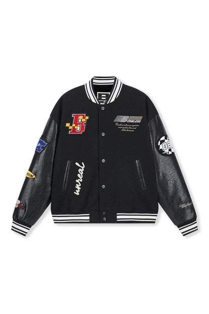 BONELESS Embroidered Racing Faux Leather Varsity Jacket - Keystreetwear