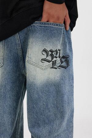 BONELESS Gothic Letters Washed Straight Jeans - Keystreetwear