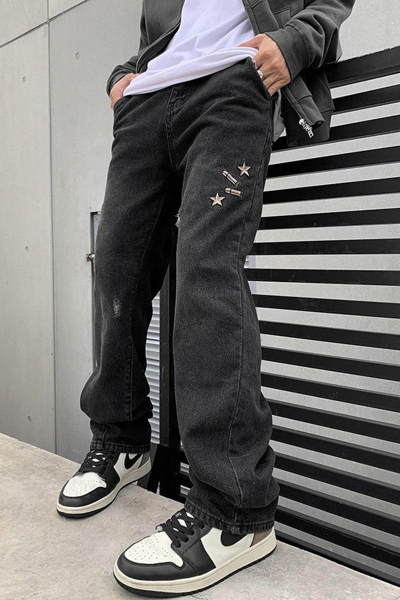 Guns Embroidered Washed Jeans - Keystreetwear