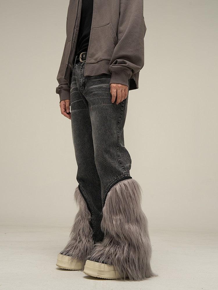 Detachable Raw Edge Fur Jeans - Keystreetwear