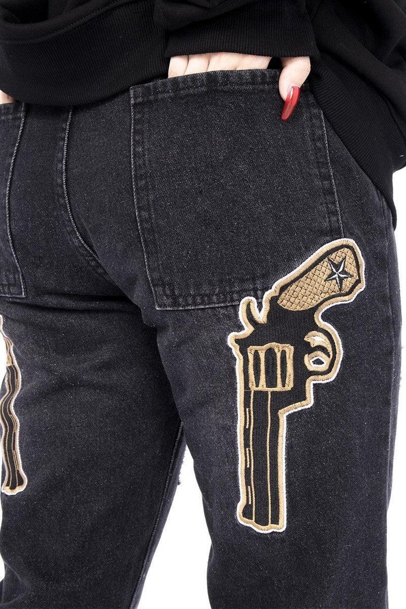 Guns Embroidered Washed Jeans - Keystreetwear