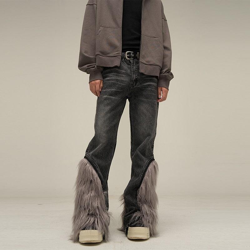 Detachable Raw Edge Fur Jeans - Keystreetwear