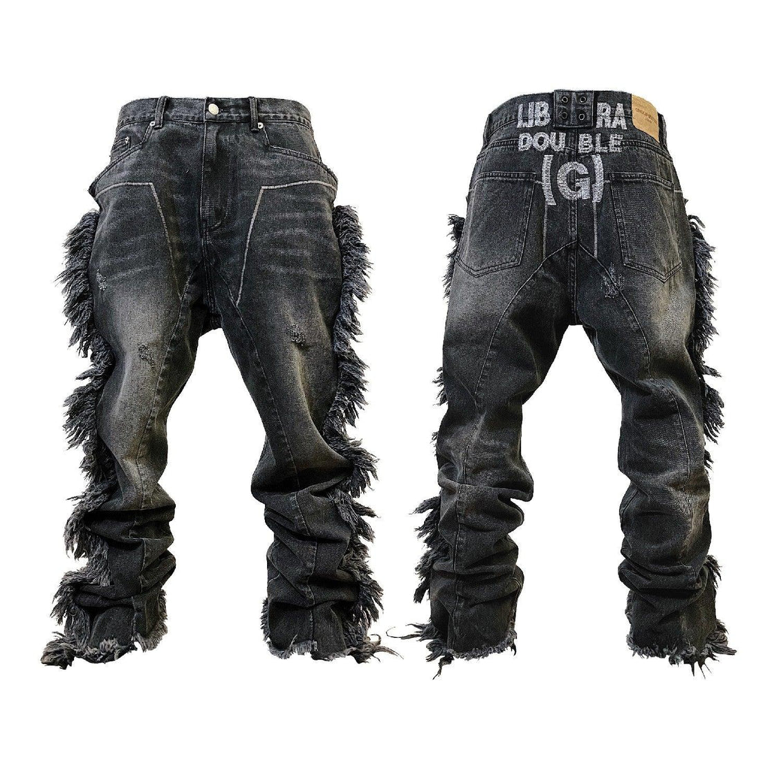 Tassel destroyed deconstructed washed jeans front and back- Keystreetwear