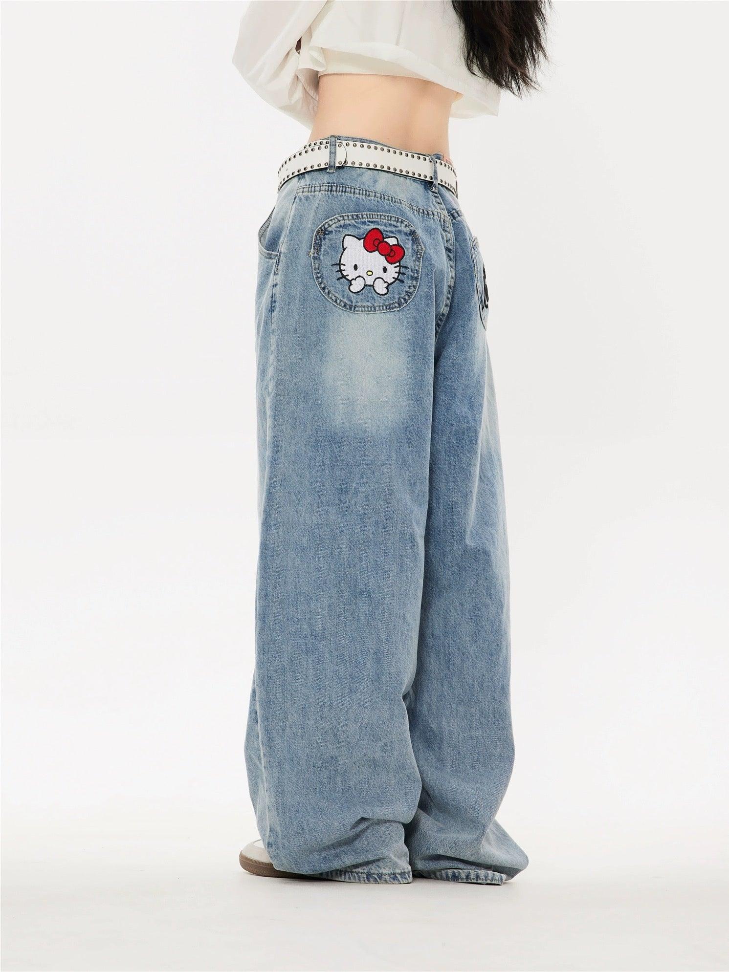 Hello Kitty Embroidered Jeans - Keystreetwear