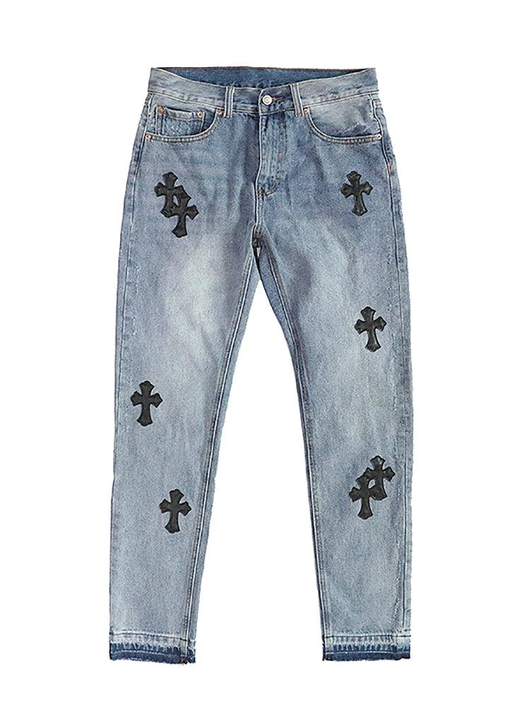 Embroidered Cross Denim Jeans - Keystreetwear