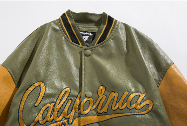 California Leather Baseball Jacket Collar and Frontside Details