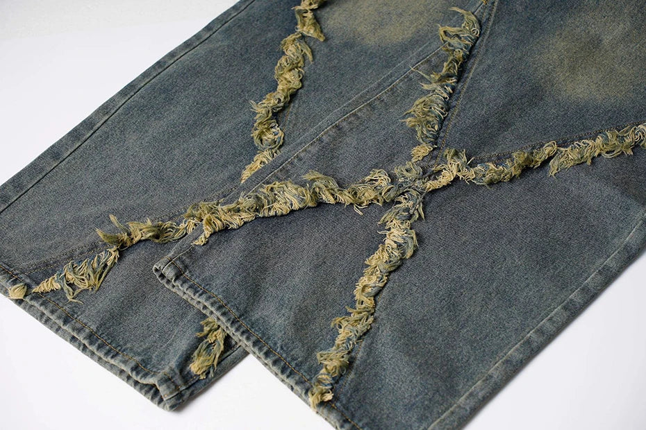 Frayed Edge Cross Stitch Flared Denim Jeans