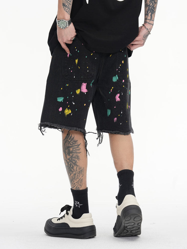 Brushstroke Embroidered Patches Black Denim Shorts (Back)