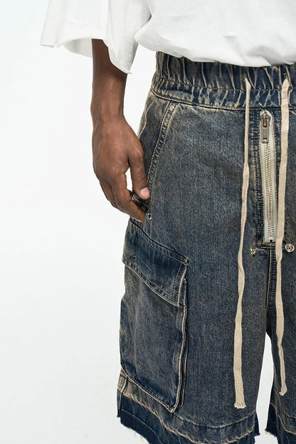 Rugged Denim Shorts with Frayed Hem Pocket Side