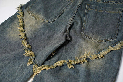 Frayed Edge Cross Stitch Flared Denim Jeans