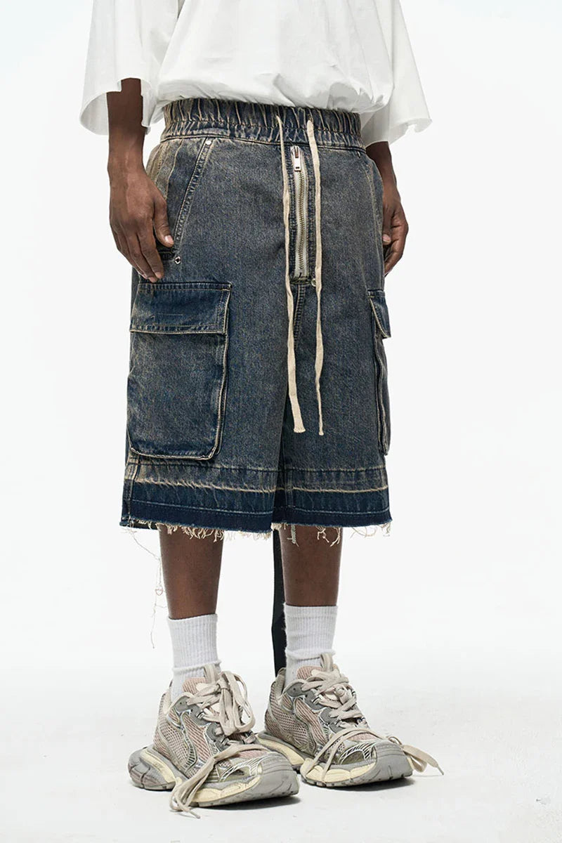 Rugged Denim Shorts with Frayed Hem