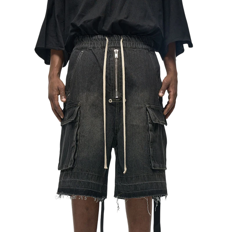 Rugged Denim Shorts with Frayed Hem Frontside