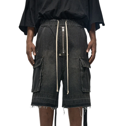 Rugged Denim Shorts with Frayed Hem Frontside