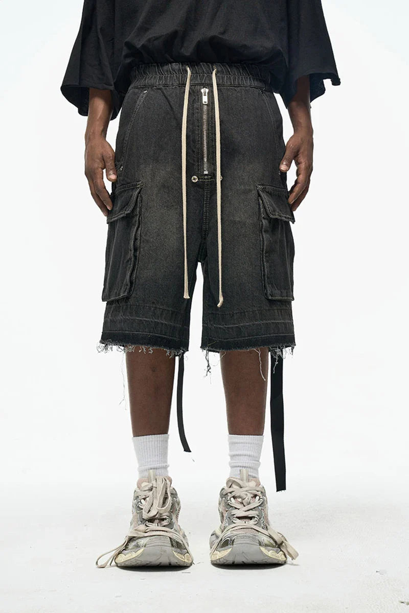 Rugged Denim Shorts with Frayed Hem