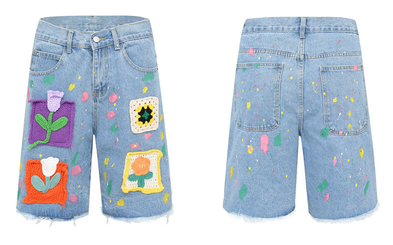 Brushstroke Embroidered Patches Denim Shorts Back &amp; Front