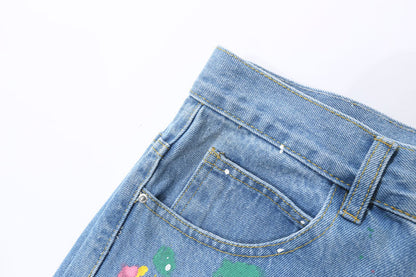 Brushstroke Embroidered Patches Denim Shorts