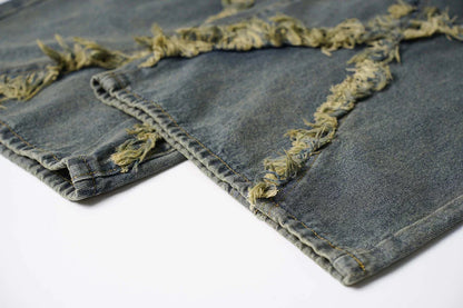 Frayed Edge Cross Stitch Flared Denim Jeans