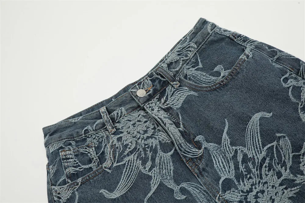 Wide-Leg Denim Shorts with Floral Embroidery Waist Details