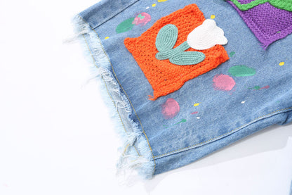 Embroidered Patches Details Denim Shorts