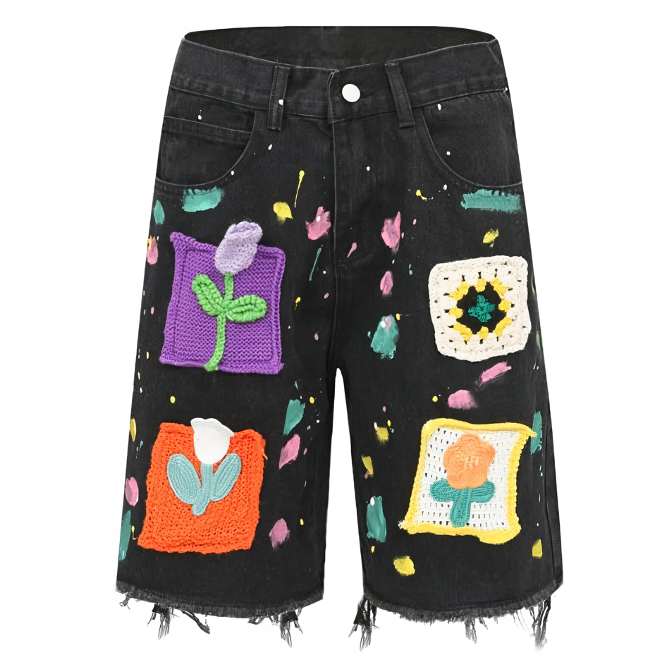 'Brushstroke' Embroidered Denim Shorts with flower patches