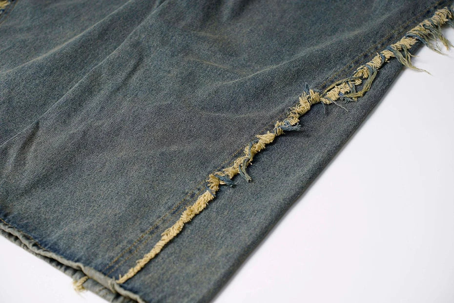 Frayed Edge Cross Stitch Flared Denim Jeans