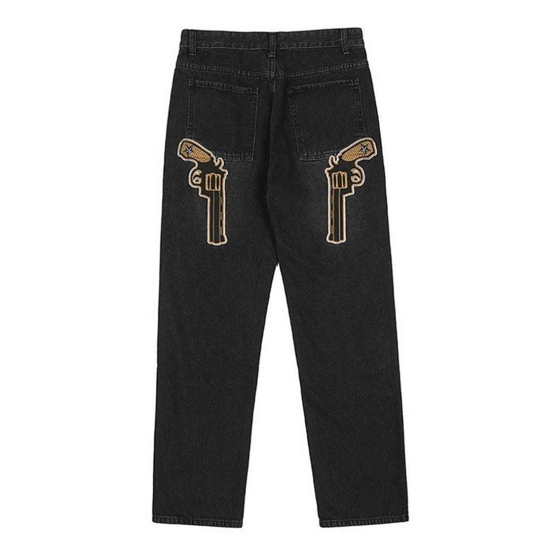 Guns Embroidered Washed Jeans - Keystreetwear