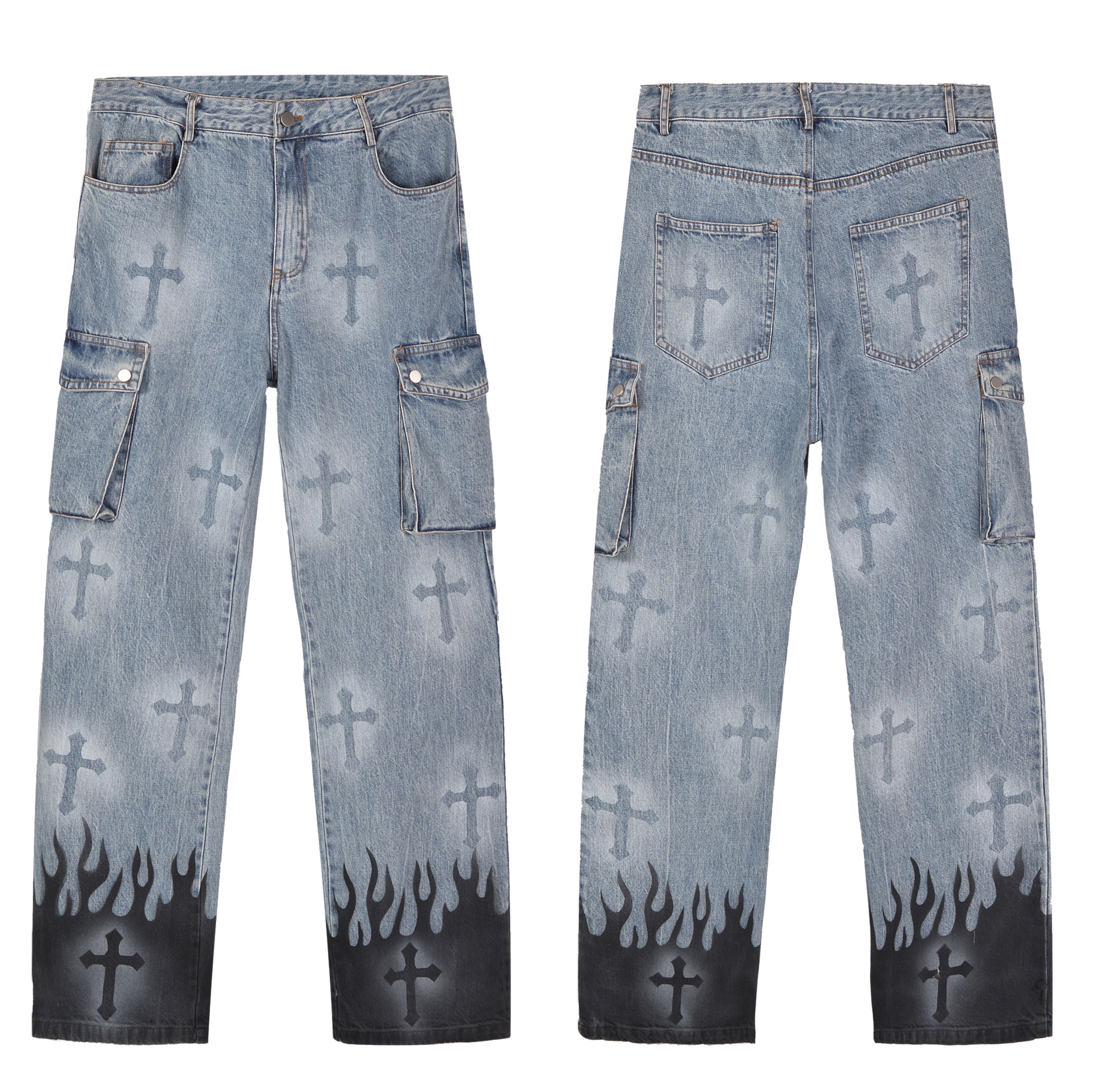 Light Wash Gothic Print Cargo Jeans