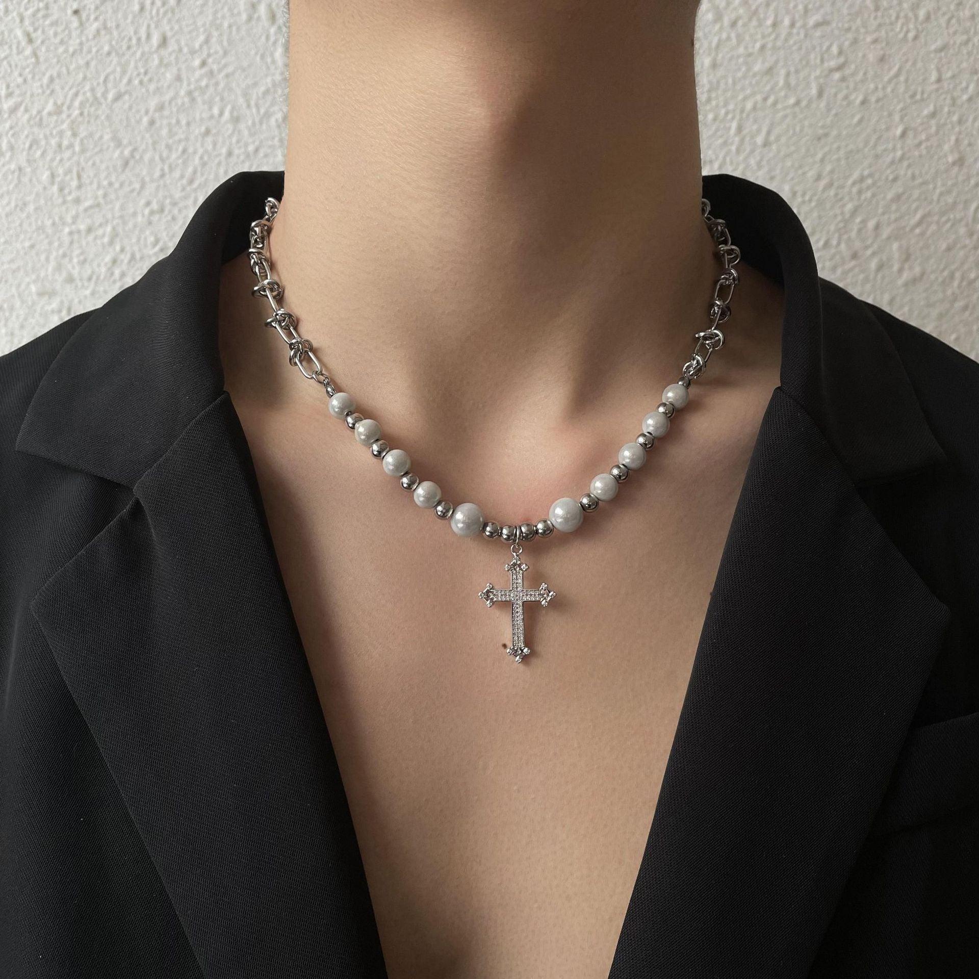 Reflective Pearl Cross Necklace - Keystreetwear