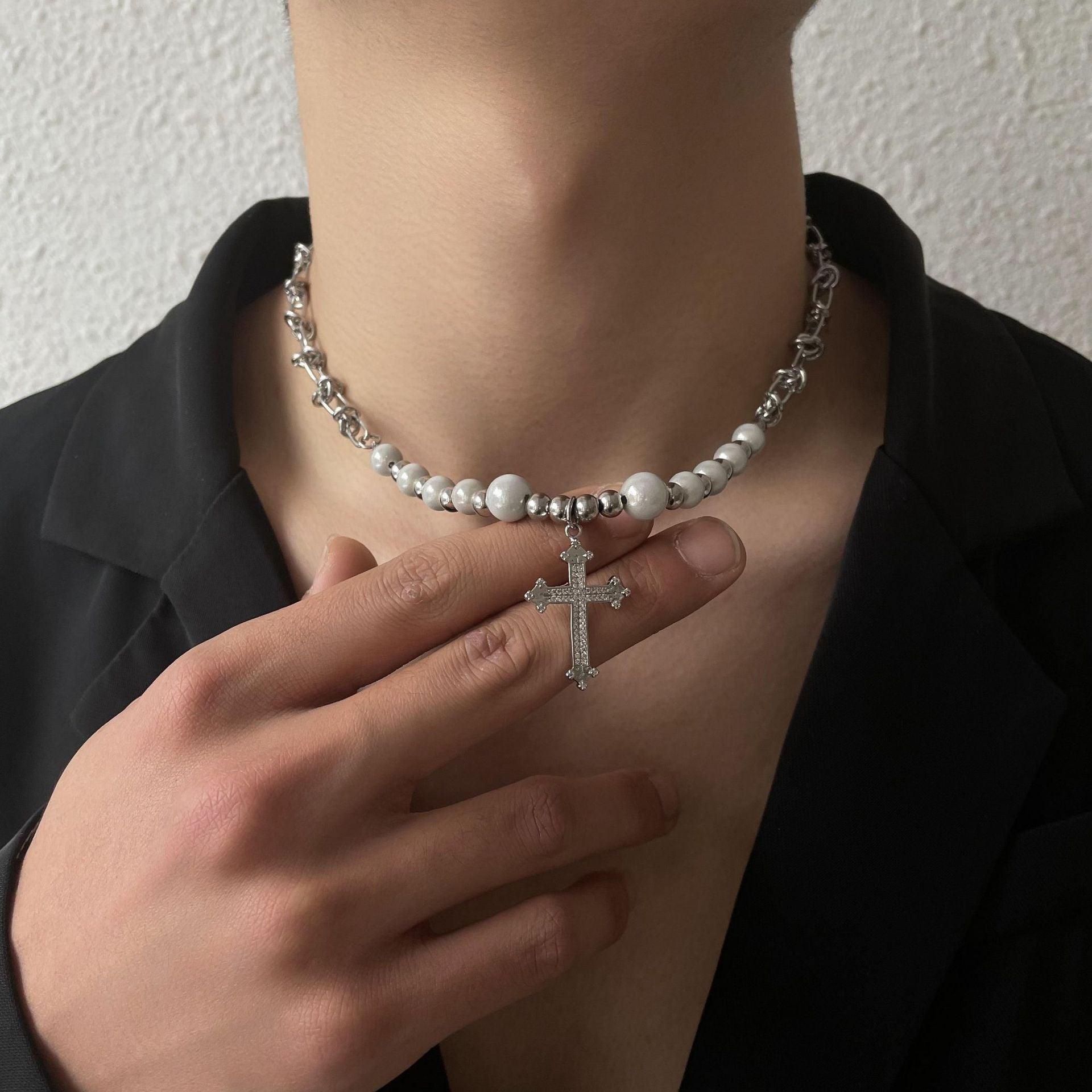 Reflective Pearl Cross Necklace - Keystreetwear