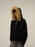 Heavy Vintage Fur Collar Zip-up Hooded Jacket Black- Keystreetwear