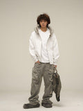 Heavy Vintage Fur Collar Zip-up Hooded Jacket Flower Grey - Keystreetwear